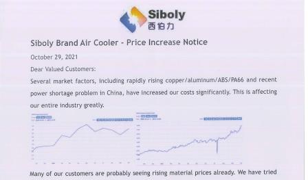 Siboly Brand Air Cooler - ประกาศการขึ้นราคา
